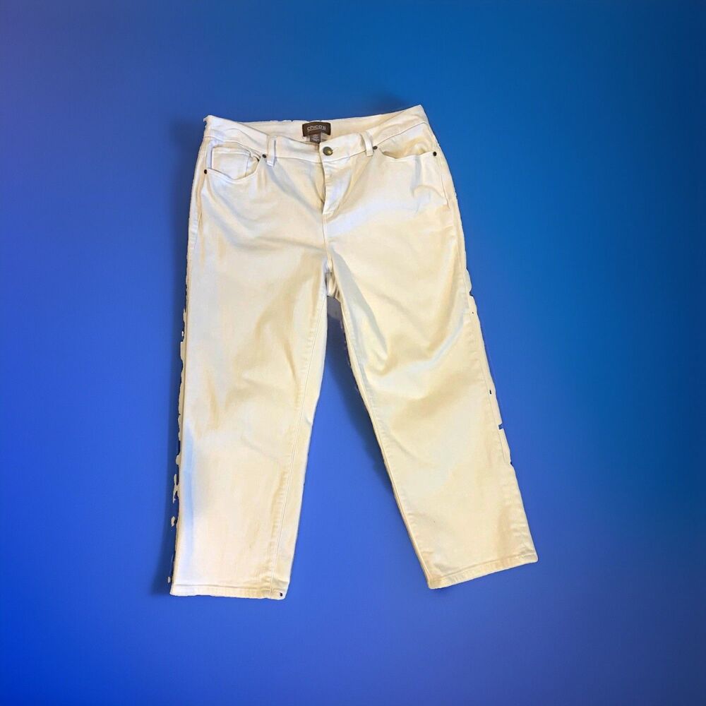 Chico’s Women’s White Solid Denim Flat Front Straight Capri Pants Pockets 23"